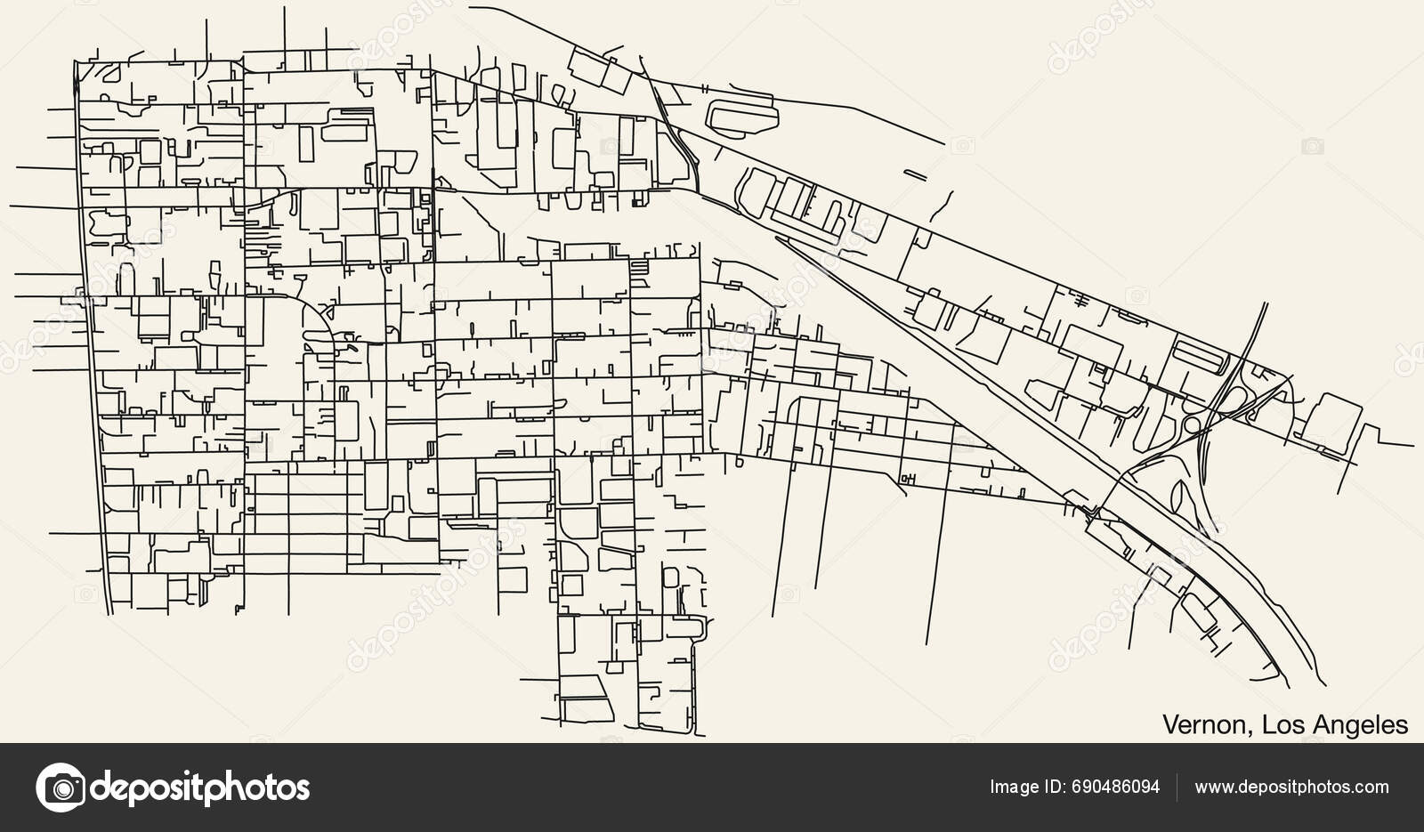 Detailed Hand Drawn Navigational Urban Street Roads Map City Vernon