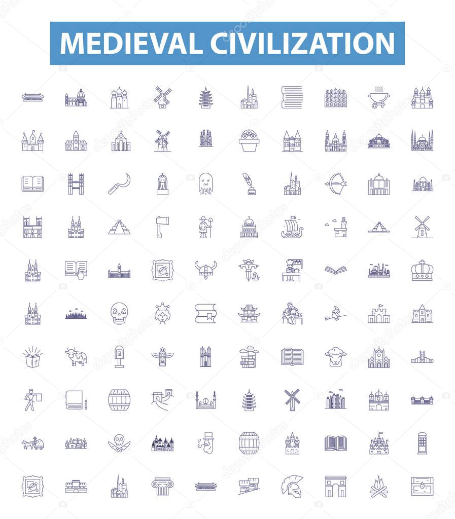 Iconos de línea de civilización medieval signos establecidos