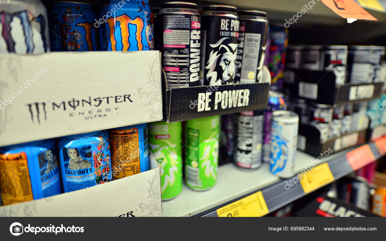 Warsaw Poland January 2024 Supermarket Biedronka Energy Drinks Stock