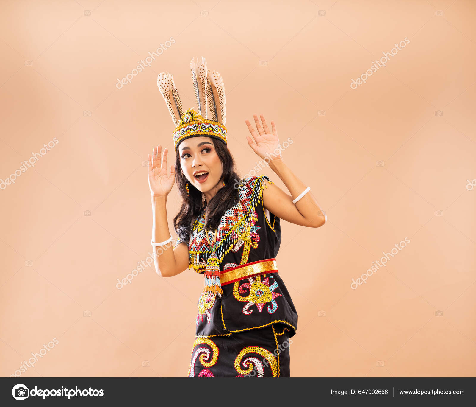 Shocked Asian Woman Traditional Outfit Dayak Tribe Standing Raising Her