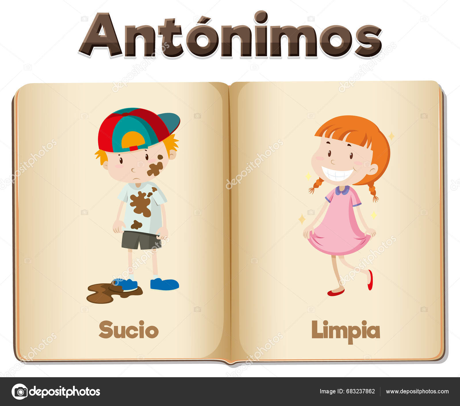 Una Ilustración Vectorial Dibujos Animados Antónimos Español Sucio