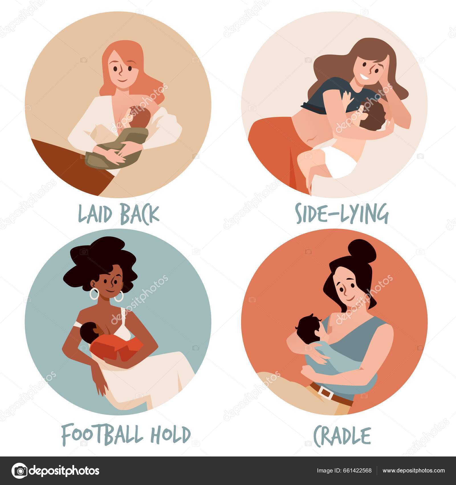 Breastfeeding Positions Women Feeding Newborn Babies Set Flat Vector