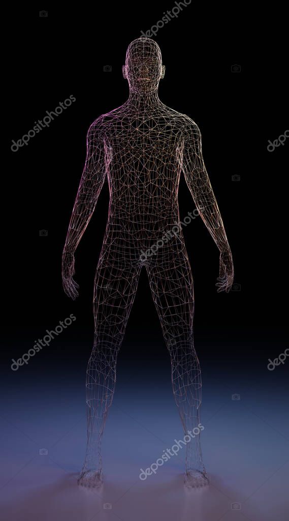 Cuerpo humano de hombre hecho de malla de alambre representación 3d de