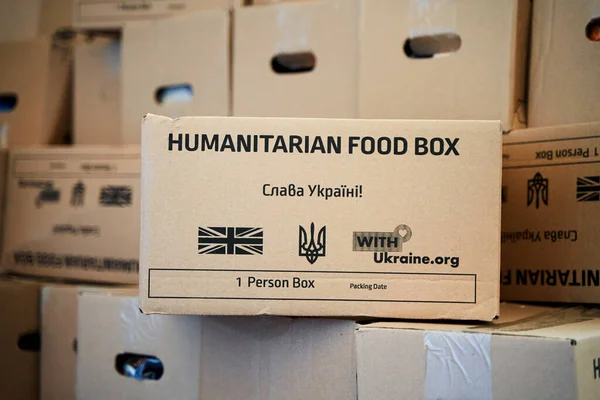 Scatole Con Aiuti Umanitari All Ucraina Dal Regno Unito Dnipro — Foto Stock