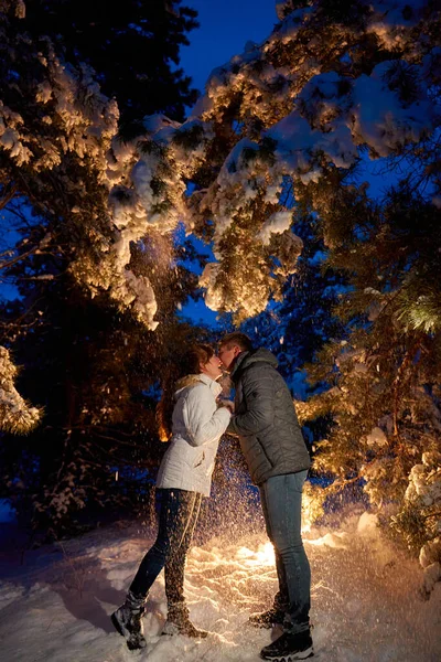 Пара Закоханих Насолоджується Ходьбою Один Одного Зимовому Лісі Ввечері — стокове фото