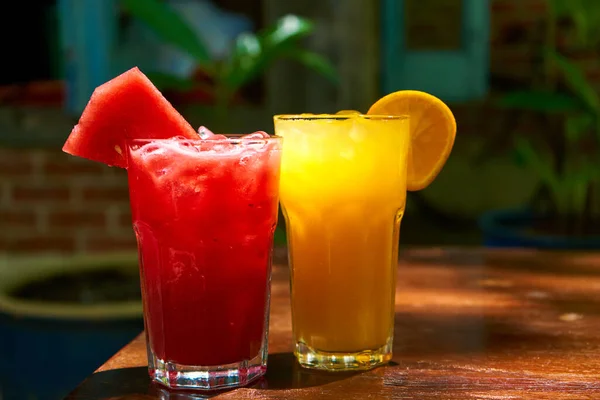 Two Glass Glasses Refreshing Drinks Orange Watermelon Juice — Stock Photo, Image