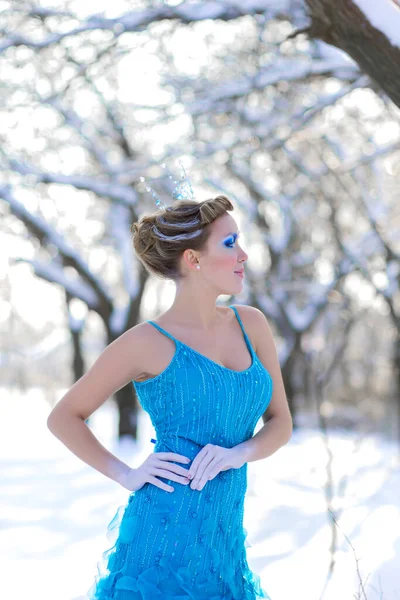fairytale cosplay of ice queen. Woman in the dress posing in the snowy forest.