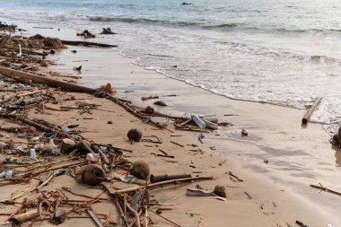 Akıntıdan sonra kumlu sahilde atık ve çöp dağları. İnsanlık okyanusu kirletiyor..