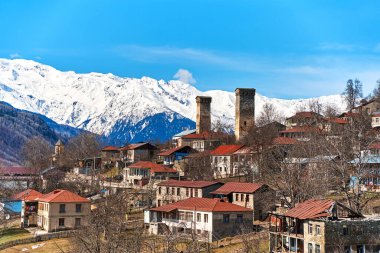 Landscape view of the town of Mestia in the Sakartvelo Mountains. The famous towers of Svania.
