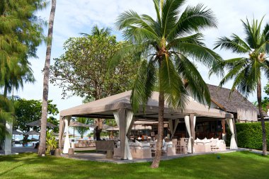 Restaurant tent in the resort complex among palm trees overlooking the sea. Suite in the tropics.