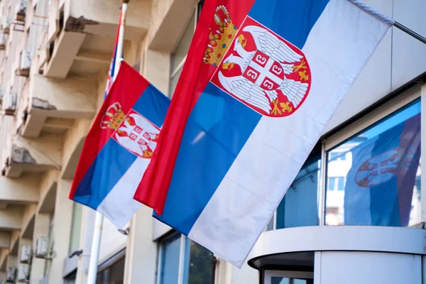 Close-up of Serbian flags on the facade of the building near the entrance. Belgrade, Serbia - 08.25.2022