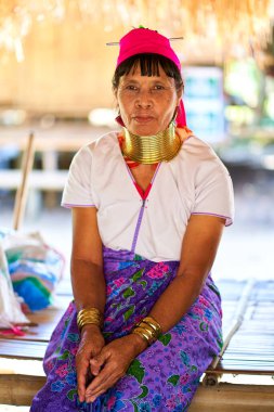 Uzun Boylu Kabile Kadın Portresi: Kültürel çeşitliliği ve geleneği çarpıcı özellikler ve karmaşık mücevherlerle kutlamak. Chiang Rai, Tayland - 02.09.2023