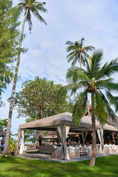 Restaurant tent in the resort complex among palm trees overlooking the sea. Suite in the tropics.