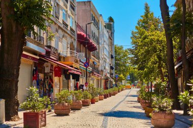 A street in Istanbul with cobblestones and lots of plants. Istanbul, Turkey - 07.30.2017