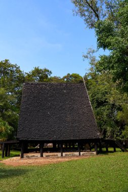 Bu fotoğrafta Tayland 'daki Kara Tapınak' ta çarpıcı siyah çatılı bir pavyon yer alıyor. Çadırın tasarımı karmaşık ve süslü, yapıya geleneksel Tayland unsurları da dahil..