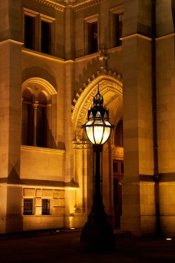 Budapeşte 'deki meclis binasının önündeki bir sokak fenerinin gece fotoğrafı..