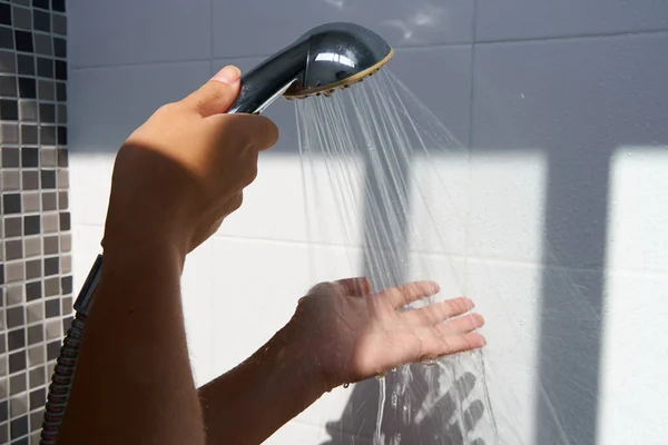 Female Hand Touching Water Pouring Rain Shower Head Checking Water — Stock Photo, Image
