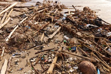 Akıntıdan sonra kumlu sahilde atık ve çöp dağları. İnsanlık okyanusu kirletiyor..