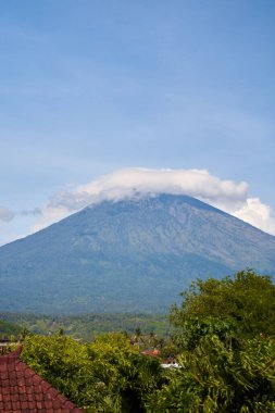 Agung Dağı 'nın panoraması ve Bali adasındaki pirinç tarlaları. Dağın arka planında palmiye ağaçları ve mısır tarlaları var. Güneşli bir günde Agung volkanı bulutlarla kaplı.