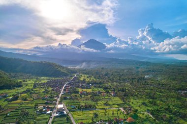 Agung Dağı Panoraması ve Bali Adası 'ndaki pirinç tarlaları.