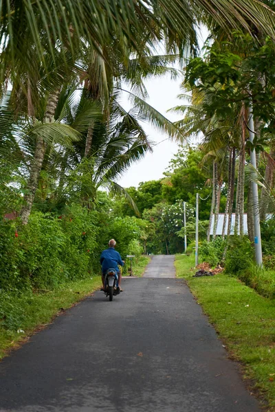 Bir motosikletli Asya 'da manzaralı asfalt bir yolda gidiyor. Bali, Endonezya - 12.24.2022