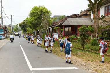Bir grup üniformalı çocuk Asya 'daki bir Endonezya köyünde bir yol boyunca okuldan yürüyorlar. Bali, Endonezya - 03.22.2018
