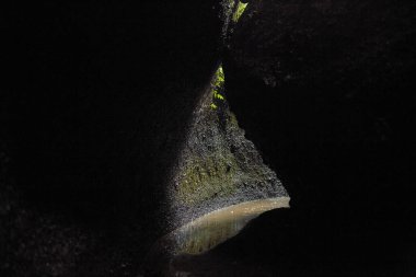 Popüler Bali adasındaki ormanda yosun kaplı kayalar ve büyük kayalar.