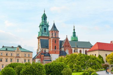 Avlu, Krakow 'un merkezindeki Zamek Krolewski na Wawelu Kalesi' nde çiçek ve yeşillik içinde gömülüdür. Krakow, Polonya - 05.16.2019