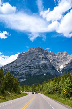 Alberta 'daki Banff Ulusal Parkı' ndaki Rocky Dağları 'ndan güzel bir manzara. Yazın güneşli bir günde, kozalaklı bir ormanı geçtikten sonra dağlardaki bir yolun manzarası.
