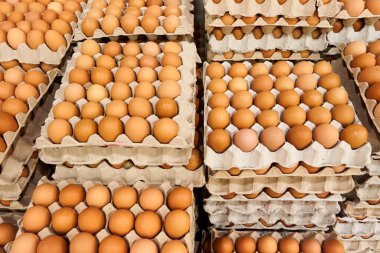Karton tepsilerde bir sürü sarı taze çiğ yumurta var.