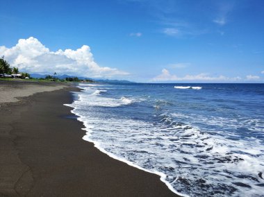 Issız bir sahilde okyanus dalgaları ve siyah volkanik kumlar.