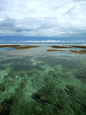 İnanılmaz güzel okyanusun panoramik manzarası. Bali 'nin tropikal adasındaki ıssız bir sahildeki resifin arkasındaki turkuaz suyu temizleyin.