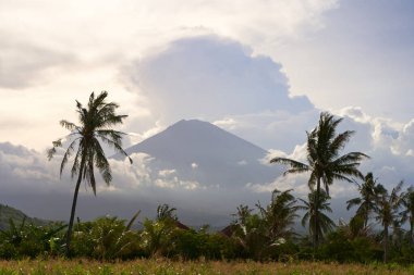 Dağın arka planında palmiye ağaçları ve mısır tarlaları var. Gün batımından önce Agung volkanı bulutlarla kaplıydı.