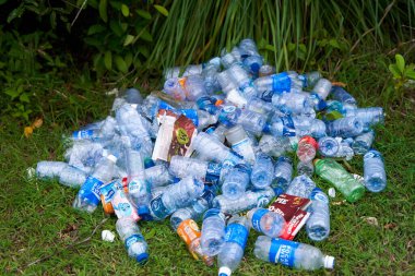 Turistler tarafından çimlere atılan bir yığın boş plastik şişe. Ekoloji ve insan kirliliği sorunu. Bali, Endonezya - 01.01.2023