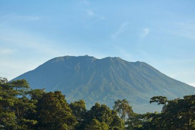 Agung Dağı 'nın panoraması ve Bali adasındaki pirinç tarlaları. Dağın arka planında palmiye ağaçları ve mısır tarlaları var. Güneşli bir günde Agung volkanı bulutlarla kaplı.
