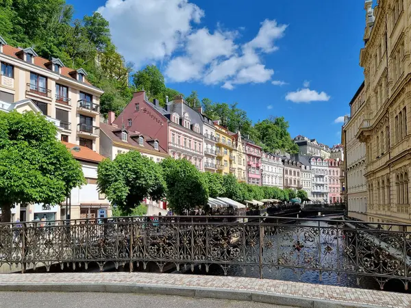 stock image Karlovy Vary, Czech Republic- CZ - May 9, 2024,  Hotels in the spa area in Embankment of Tepla river in Karlovy Vary city center, Czech republic