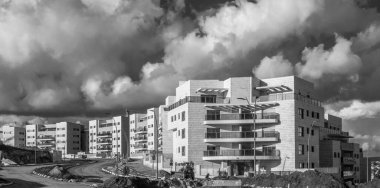 New ready residential neighborhood - last development steps before populating. Black and White Panoramic View clipart