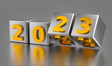Yeni yıl tatili konsepti. 2023 numaralı küpler 2022 'nin yerini aldı. 3d oluşturma