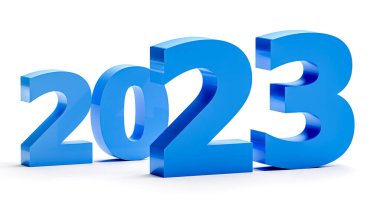 Yeni yıl tatili konsepti beyaza izole edilmiş mavi renklerle. 2023 numara. 3d oluşturma