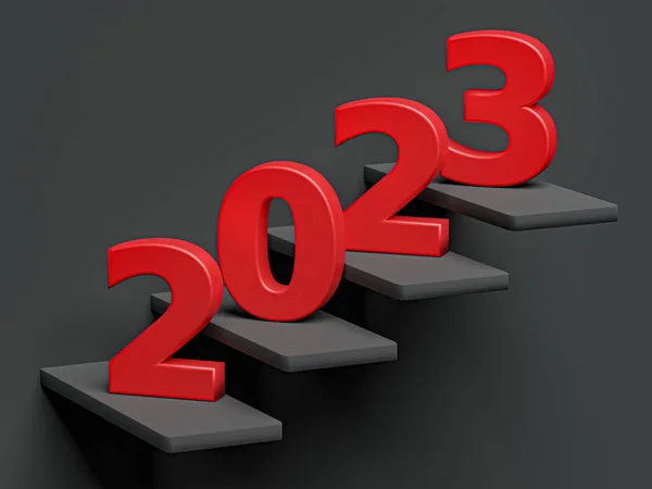 Новогодняя Концепция Красный Номер 2023 Ступенях Рендеринг — стоковое фото