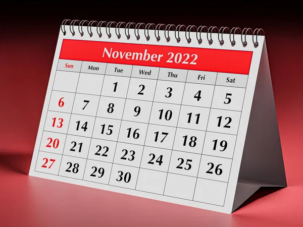 年度业务台月历一页 2022年11月 3D渲染 — 图库照片
