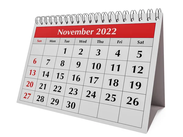 毎年恒例のビジネスデスク毎月のカレンダーの1ページ 2022年11月 3Dレンダリング — ストック写真