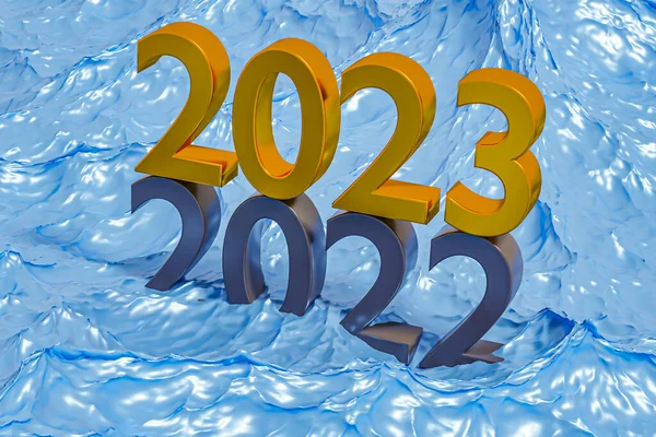 New year 2023 holiday concept. The number 2023 lies at 2022 in water. 3d rendering