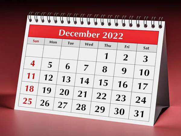 毎年恒例のビジネスデスク毎月のカレンダーの1ページ 2022年12月 3Dレンダリング — ストック写真