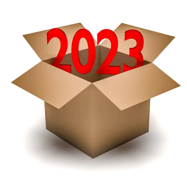 新年のコンセプト 2023番は段ボール箱から出ています 3Dレンダリング — ストック写真