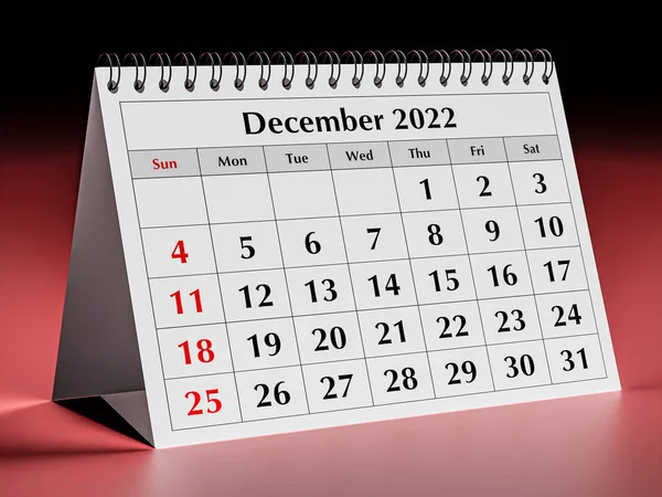 年度业务台月历一页 2022年12月 3D渲染 — 图库照片