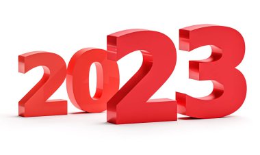 Kırmızı renklerle yeni yıl tatili konsepti. 2023 numara. 3d oluşturma