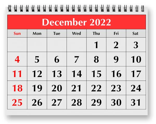 Jedna Strona Miesięcznego Kalendarza Rocznego Grudzień 2022 — Zdjęcie stockowe