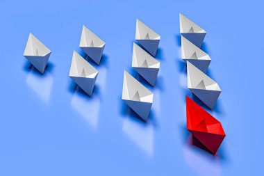 Liderlik ve iş kavramı. Bir kırmızı lider gemisi diğer gemileri ileri götürüyor. 3d hazırlayıcı