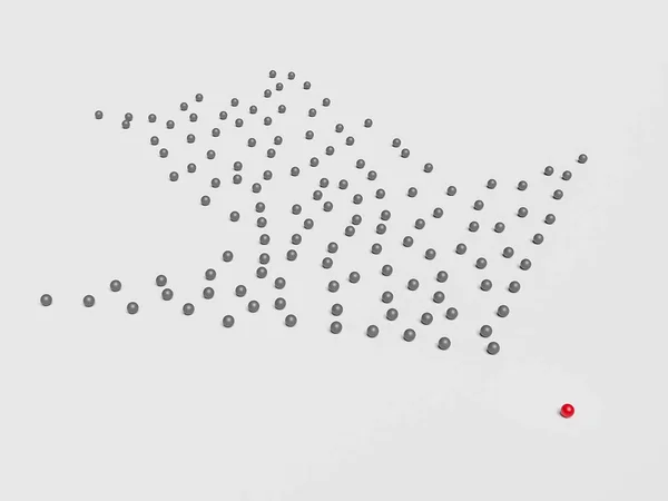 Leadership. Conceptual image of a leader and subordinates. Business teamwork. One red balloon and other grey ones. 3d rendering